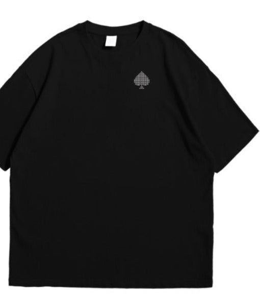 Black t-shirt with pixelated ace of spades design on front and back