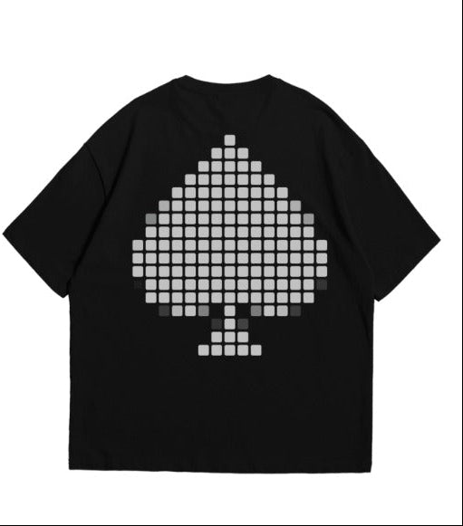 Black t-shirt with pixelated ace of spades design on front and back
